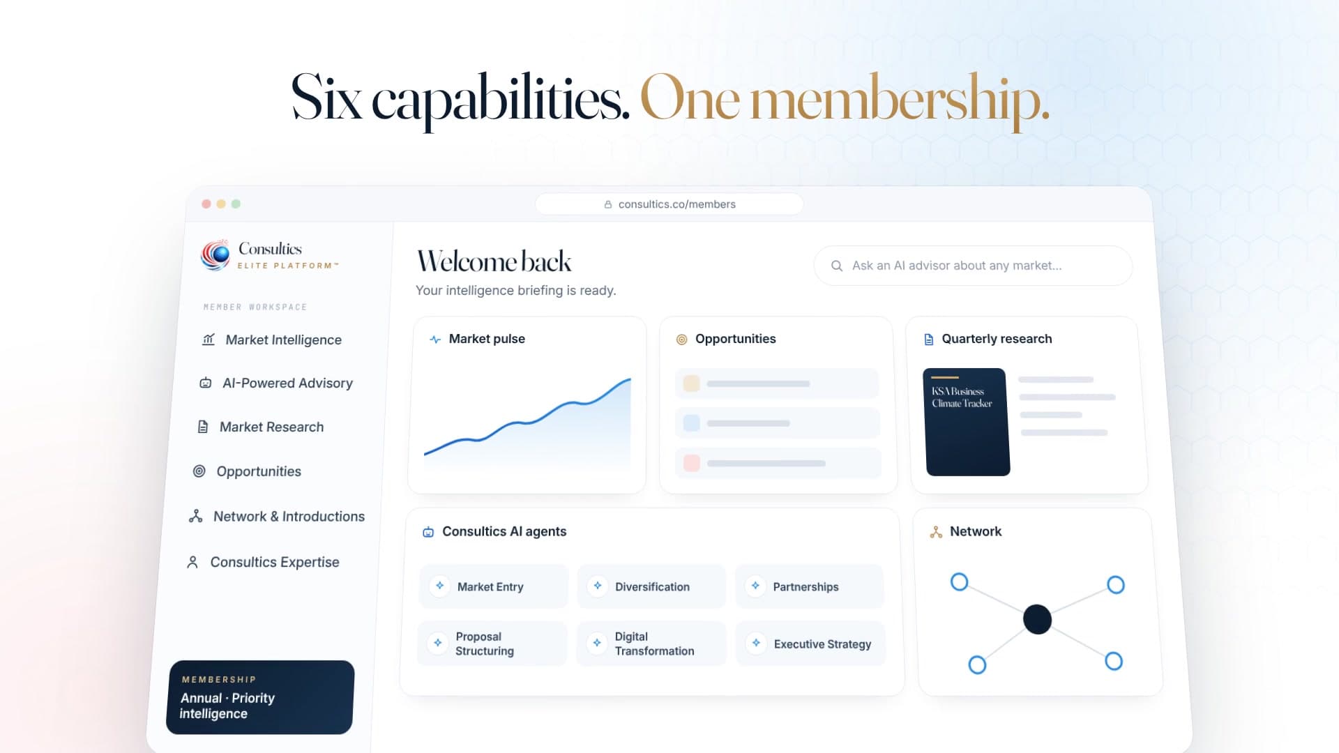 Consultics Elite Platform video preview showing market intelligence, AI advisory, research, opportunities, network and Consultics expertise in one membership dashboard.